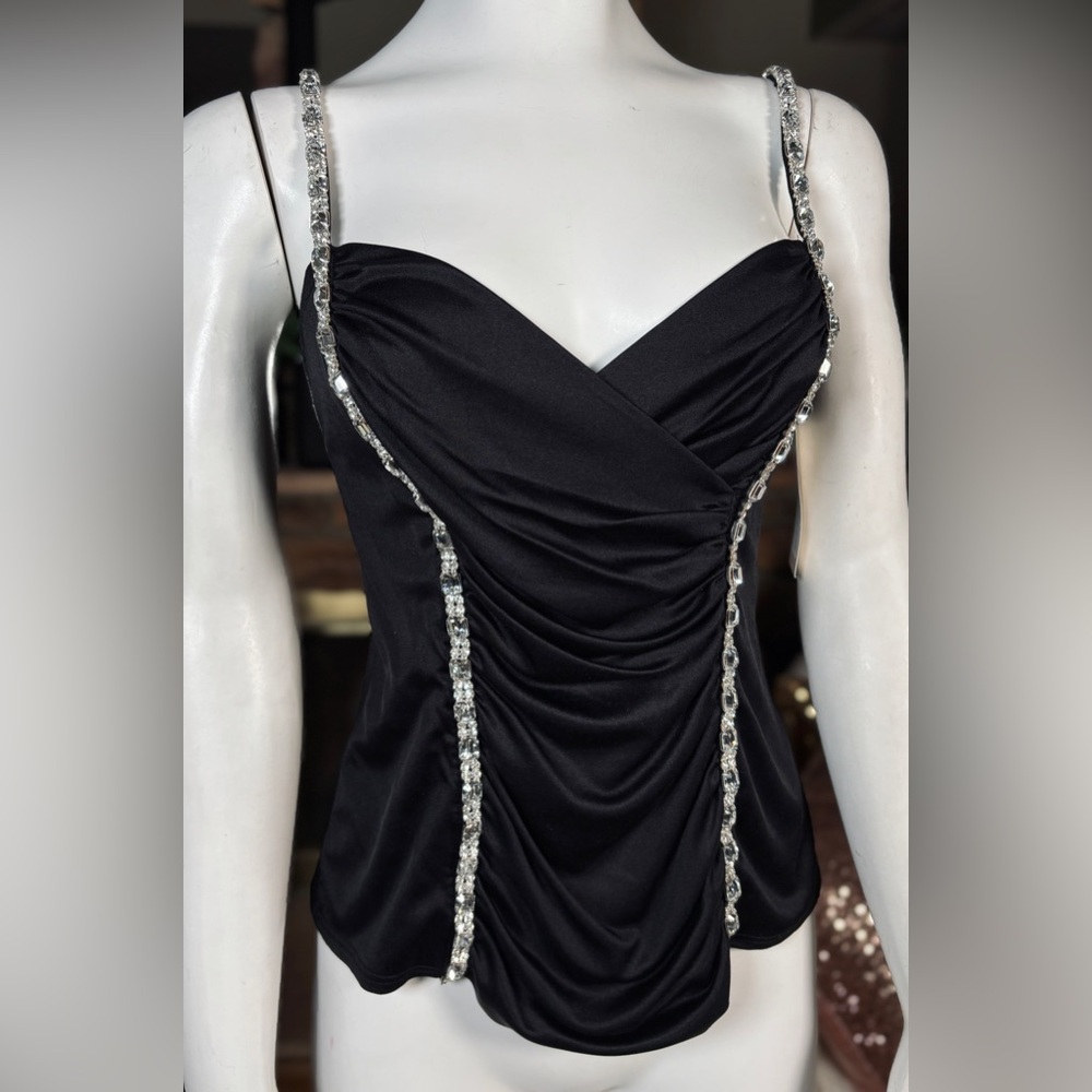 Charles Chang Lima 100% Silk Black Ruched Front Camisole w/ Rhinestones Szs 8/12